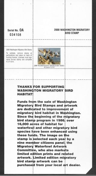 2000 Washington State Duck Migratory Waterfowl Stamp Mnhog Hunter - Type