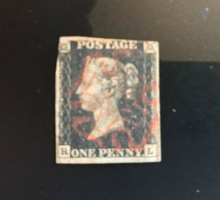 1840 Great Britain Postage 1 1p Black Imperf Red Maltese Cross No Thins,  Creases