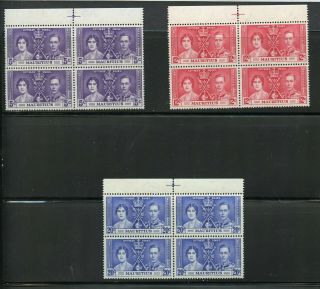 Mauritius Coronation Of George Vi 1937 Sc 208 - 10 Nh Blocks Of 4