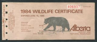 Canada Revenue Alberta Wildlife Certificate Booklet & Label 1984