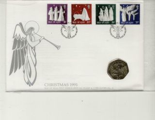 Isle Of Man Post Office Official Coin Cover No 4,  Christmas 1991,  50p Coin