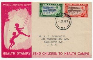 1948 Zealand To Usa Official Souvenir Cover,  Children Health Camps