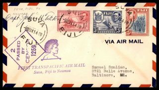 Fiji 1941 Capt John Tilton Autographed First Flight Cover To Caledonia