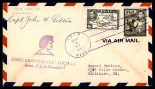 Fiji 1941 Capt John Tilton Autographed First Flight Cover To Honolulu