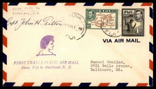 Fiji 1941 Capt John Tilton Autographed First Flight Cover To Zealand