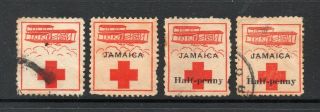 Jamaica Red Cross Labels X 4 Mixed Used/unused Poor Gum See Scans For Detail