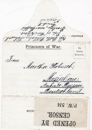 1918 Ww1 Gb Prisoner Of War Camp Brocton Nr Stafford Censored Letter To Germany