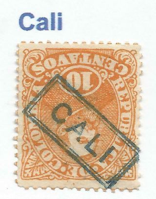 Stamps - Colombia.  1886.  10c Orange,  President Nunez.  Sg: 125.  " Cali " Boxed Cancel