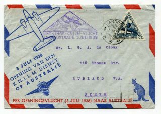 Netherlands Indies 1938 Klm Airmail Ffc First Flight Cover To Australia -