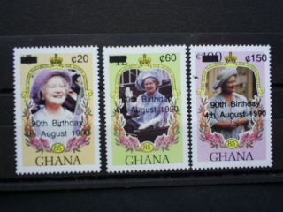 Ghana Stamp.  Set Of 3 Over Print & Cancellation The Queen Mothers 90th Birthday.