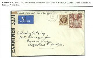 2/6d Brown 1/ - George Vi Newbury 1942 To Buenos Aires Air Mail Examined