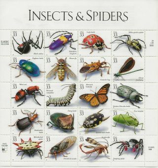 Us 33 Cent Insects And Spiders Complete Sheet Of 20 Scott 3351 Mnh Below Face