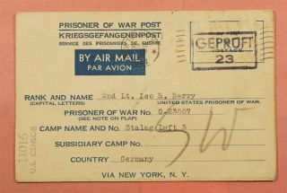 1944 Pow Letter Sheet Ny Airmail To Germany Camp Stalag Luft 3 Wwii Censored