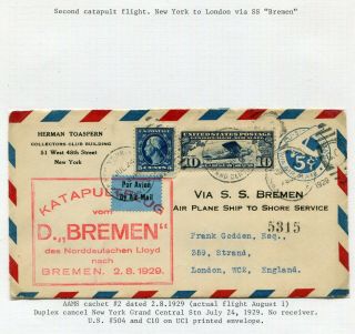 Usa 1929 Catapult Mail - Ss Bremen - Ship To Shore - Airmail Cover - Sent To Uk