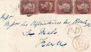 Jersey 1855 Cover To France Bearing 1d Reds (4) Tied " 409 ",  Cds On Back