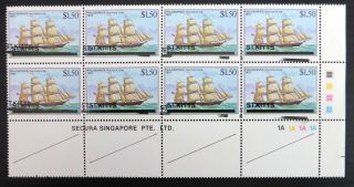 St Kitts $1.  50 Ships With Opt Part Double Plate Block (8) Nq444