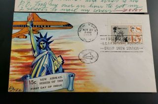 C58 Statue Of Liberty Airmail Us Fdc Dyer Hand Painted Cachet With Note To Maul