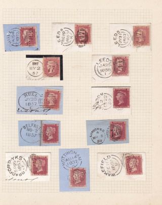 Gb.  Qv.  1d Reds.  1856 - 58.  On Piece.  Includes Belfast/hull Spoon Cancels.