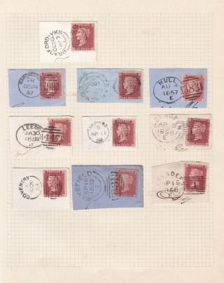 Gb.  Qv.  1d Reds.  1856 - 58.  On Piece.  Includes Leeds/hull Spoon Cancels.