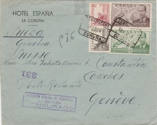 Spain Ww2 Censored Airmail Registered Cover 1941 La Coruna To Conches Schweiz