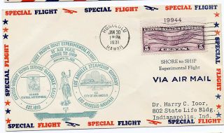 Us 1931 First Flight Cover Hawaii Shore To Ship Ss City Los Angeles Ioor Cachet