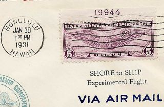 US 1931 First Flight Cover Hawaii Shore to Ship SS City Los Angeles Ioor Cachet 2