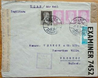 Turkey 1943 Airmail Cover Censored In Egypt And England With Imprint Label