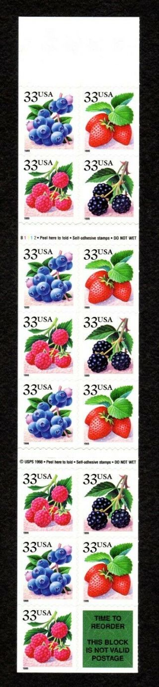 Us Stamp Mnh 3298 - 3301 33c Fruit Berries,  Booklet,  Centering Bk276a