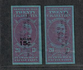 Us Puerto Rico Cigarette Revenue Stamps 1943 Cigarettes 2 Different