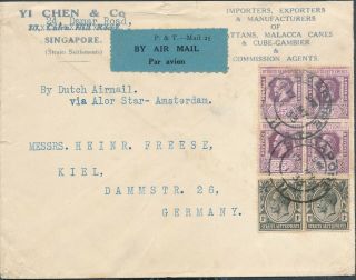 1933 Straits Settlements Singapore Commercial To Germany.  P & T Airmail Label