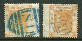 1863/71 China Hong Kong Qv 2 X 8c Stamps With Wing Margin - Killer Chops