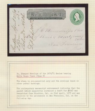 1871 Us Wells Fargo Cover,  3c Type V Postal Stationary Vfu