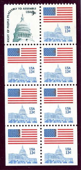 Us 1623a 9c Capital Dome,  13c Flag Over Capitol Eight Stamp Booklet Pane Mnhog