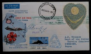 Scarce 1964 Tonga Silver Anniv 1st Airmail Fiji To Tonga Flight Cover Pilot Sigs