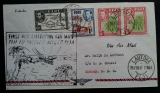 Scarce 1947 Fiji 1st Pan American Flight Fiji To Sydney Australia Cover 4 Stamps