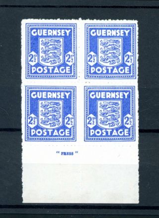 Guernsey 1941/44 2 1/2d Arms Imprint Block L.  H.  M.  (b650)