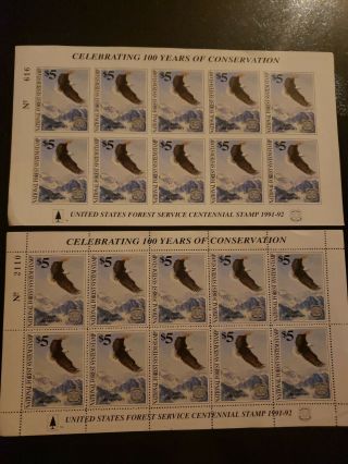 $100 Face Value U.  S.  Postage Stamp Lot - 2 Sheets 1991 - 1992 Forest Service
