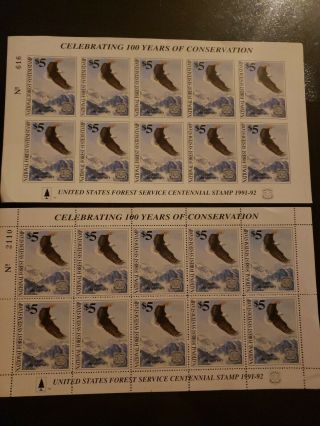 $100 Face Value U.  S.  postage Stamp Lot - 2 Sheets 1991 - 1992 Forest Service 2