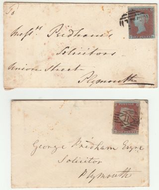 Gb: 2 Qv 1d Red Mourning Covers; Lewisham & Cheltenham To Plymouth,  Jan/feb 1854