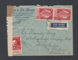Portugal 1941 Wwii Censored Airmail Cover Lisbon To Shotley Bridge England
