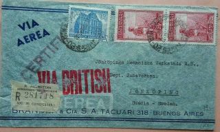Argentina 1946 Registered Airmail Cover To Sweden With Larger Via British Cachet