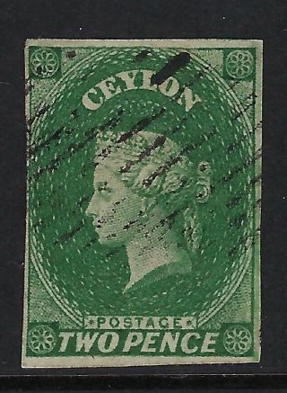 Ceylon : 1857 Two Pence Yellowish Green Imperforate Sg 3a