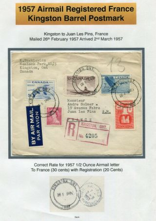 Canada Ont Ontario - Kingston 1957 Barrel Cds - Registered Cover To France -