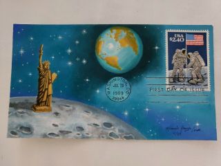 Us Fdc 1989 $2.  40 Moon Landing Maya Hand Painted Cachet,  Statue Liberty On Moon