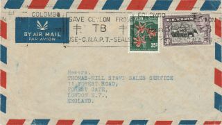 Ceylon 1954 Airmail Cover Machine Cancel Tb Tuberculosis