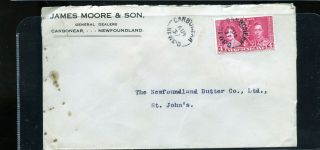 1937 Newfoundland Advertising Cover James Moore Carbonear Split Ring Cancel C302