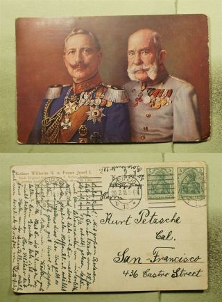 Dr Who 1915 Germany Pair Leipzig Kaiser Wilhelm Ii Postcard To Usa E53562