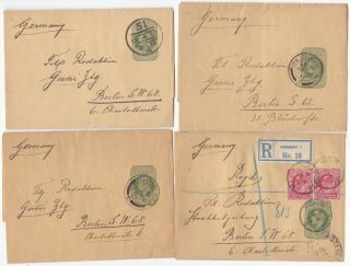 1908/11 4 X Postal Stationery Wrappers London Berlin 1 Uprated 2d Registered
