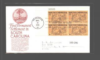 A2zed Us Fdc 1970 1407 Plate Block Anderson 1st Permanent Settlement In Sc
