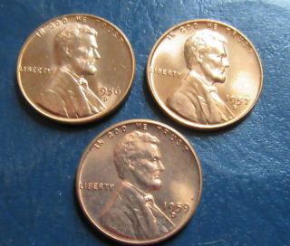 1956 - D,  1957 - D And 1959 - D Lincoln Cents - Uncirculated